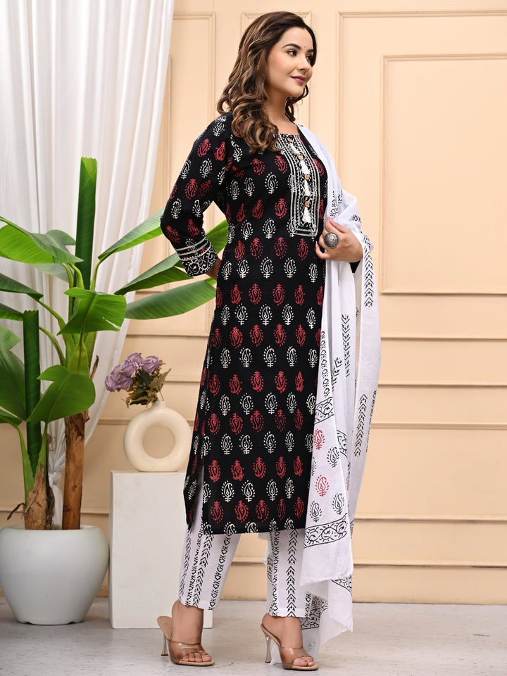 Black in White Handblock Printed Cotton Stitched Suit