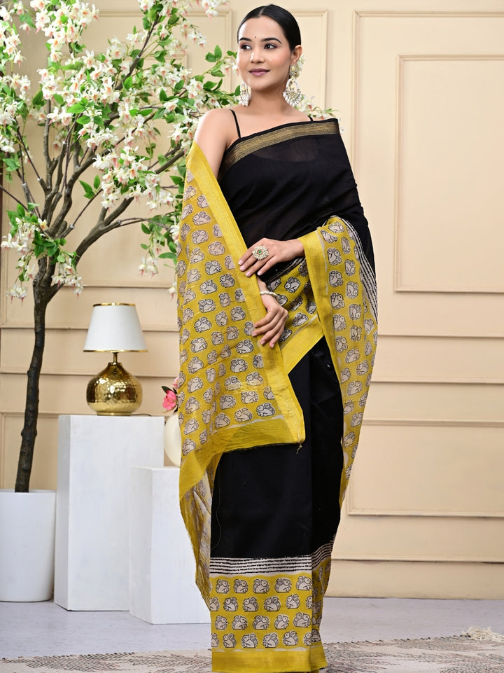 Black Yellow Bagru Handblock Print Maheshwari Silk Sarees