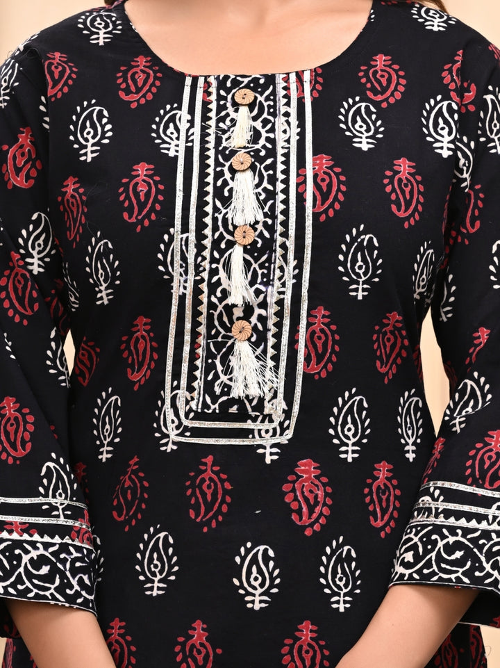 Black in White Handblock Printed Cotton Stitched Suit