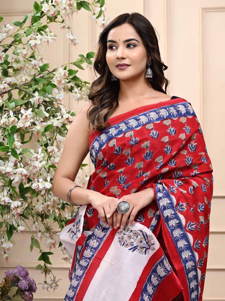 Red Bagru Handblock Printed Mulmul Cotton Saree with Blouse