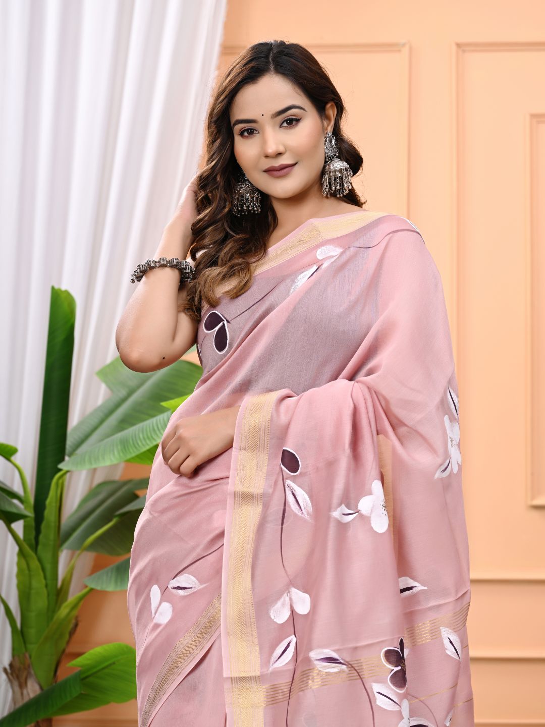 Premium Silk Brush Painted Maheshwari Silk Saree