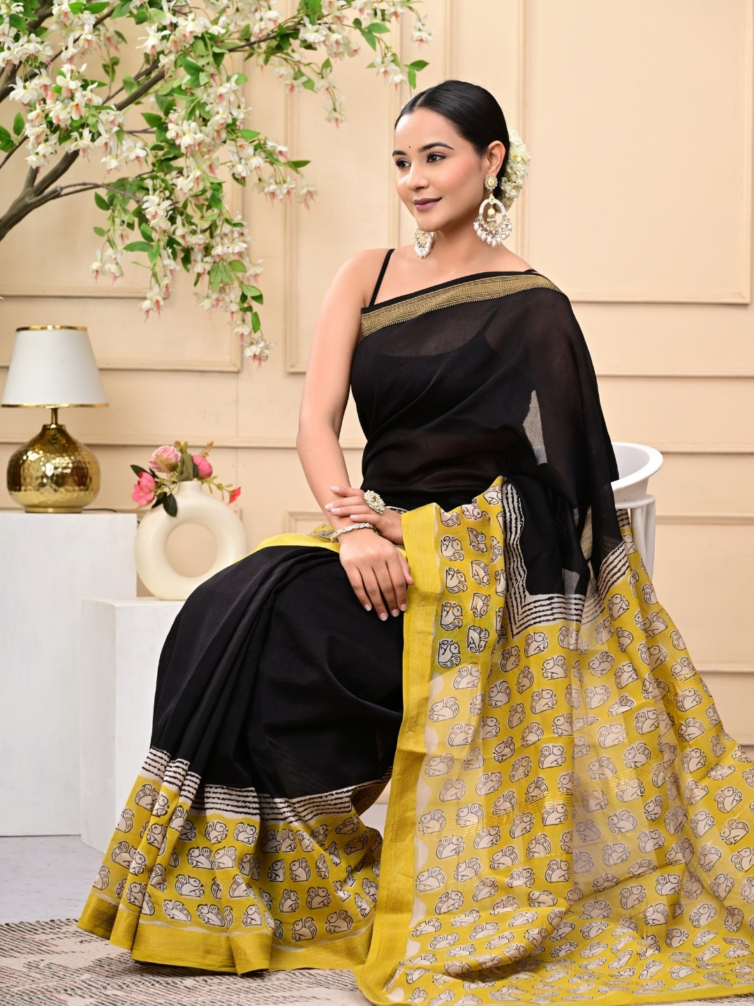 Black Yellow Bagru Handblock Print Maheshwari Silk Sarees