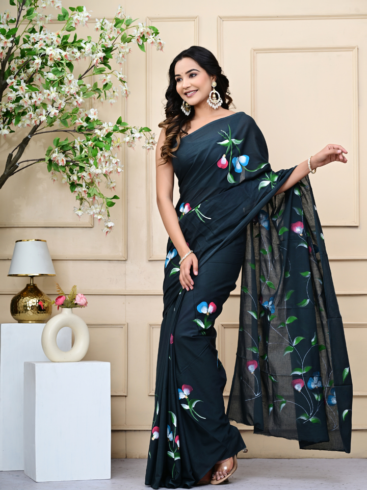 Premium Mulmul Cotton Black Brush Print Saree