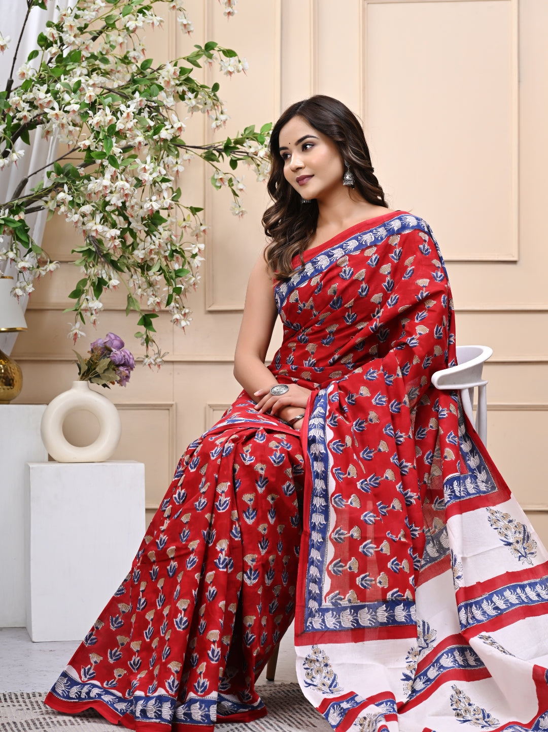 Red Bagru Handblock Printed Mulmul Cotton Saree with Blouse