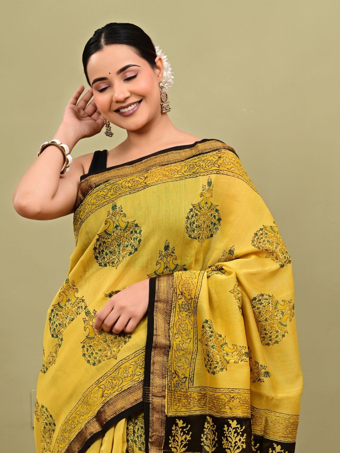 Premium Yellow Bagh Print HandBlock Pure Maheshwari Silk Saree