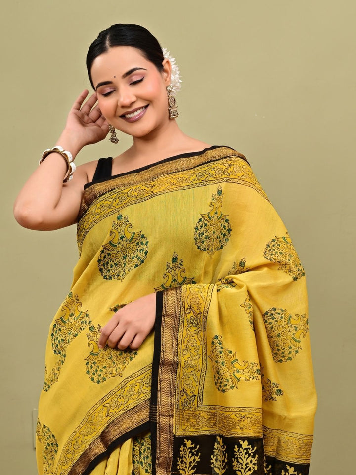 Premium Yellow Bagh Print HandBlock Pure Maheshwari Silk Saree