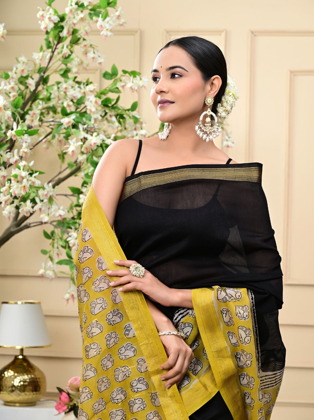 Black Yellow Bagru Handblock Print Maheshwari Silk Sarees