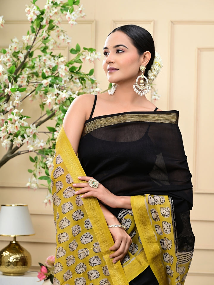 Black Yellow Bagru Handblock Print Maheshwari Silk Sarees