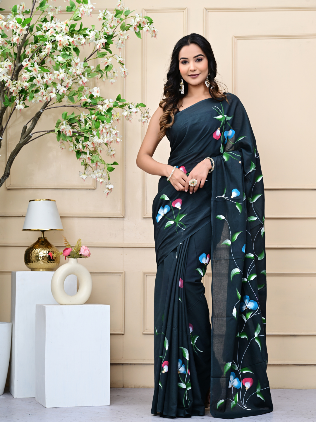 Premium Mulmul Cotton Black Brush Print Saree