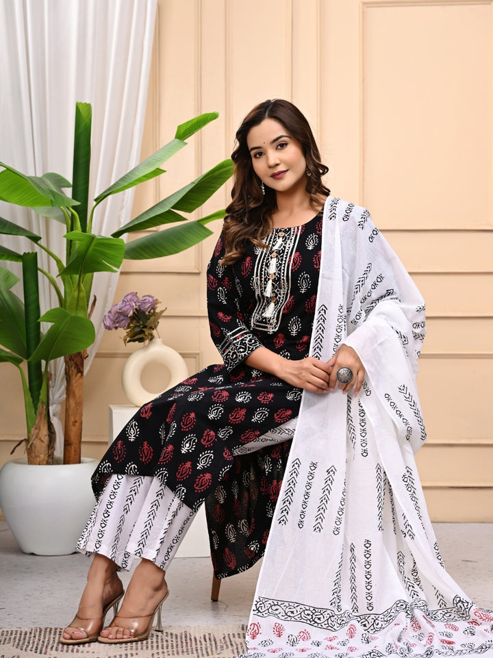 Black in White Handblock Printed Cotton Stitched Suit