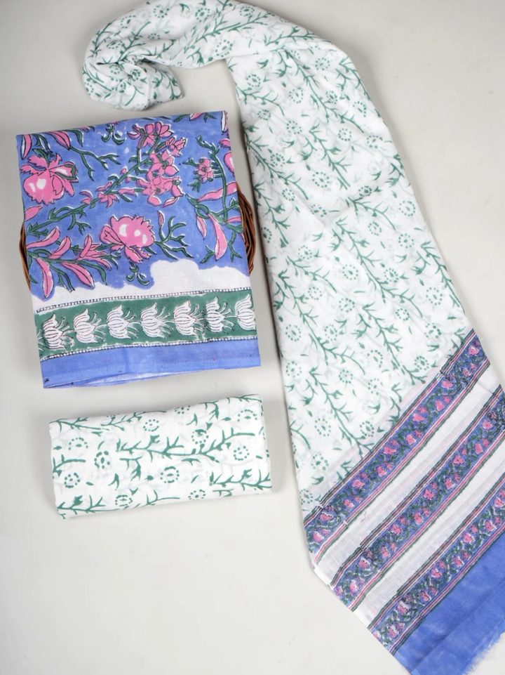 Natural Block Printed Cotton Suit with Mulmul Cotton Dupatta