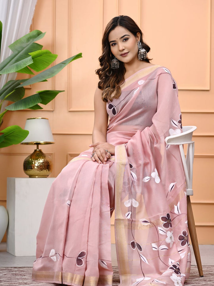 Premium Silk Brush Painted Maheshwari Silk Saree