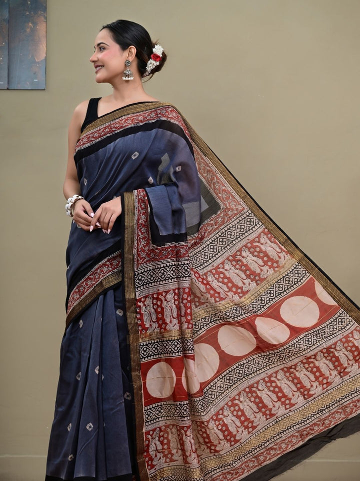 Bagru print With Bandhej pattern HandBlock Pure Maheshwari Silk Saree