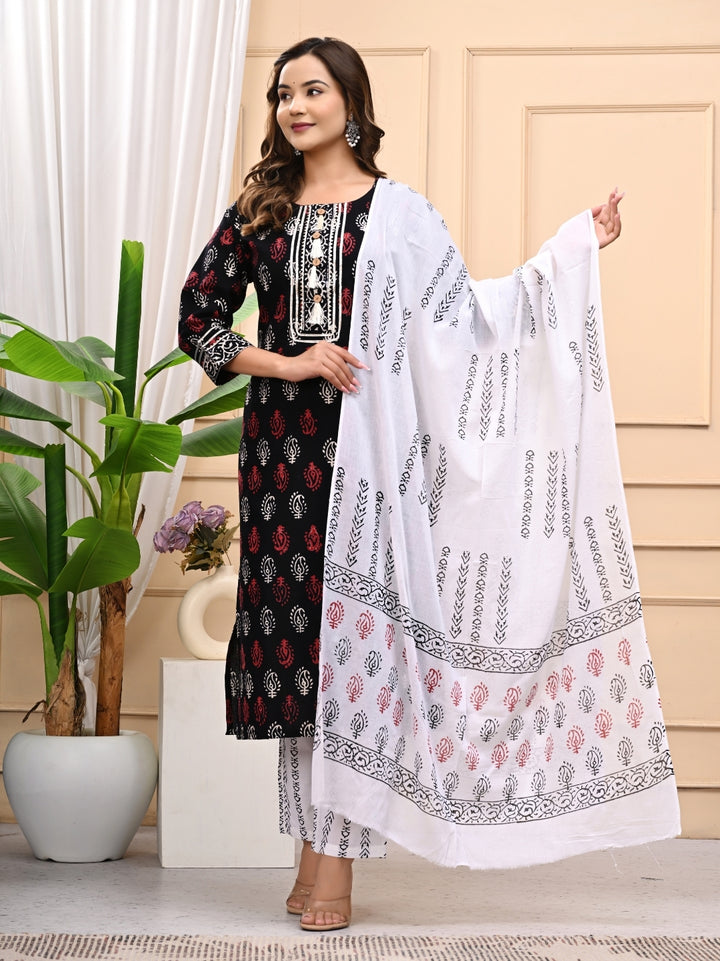 Black in White Handblock Printed Cotton Stitched Suit
