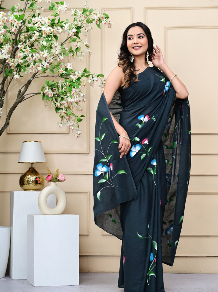 Premium Mulmul Cotton Black Brush Print Saree