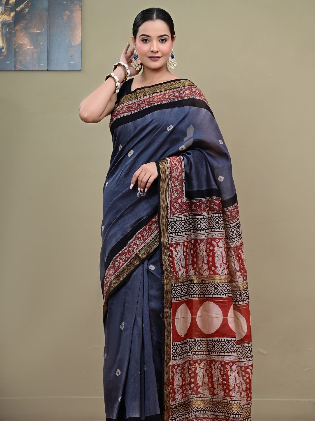 Bagru print With Bandhej pattern HandBlock Pure Maheshwari Silk Saree