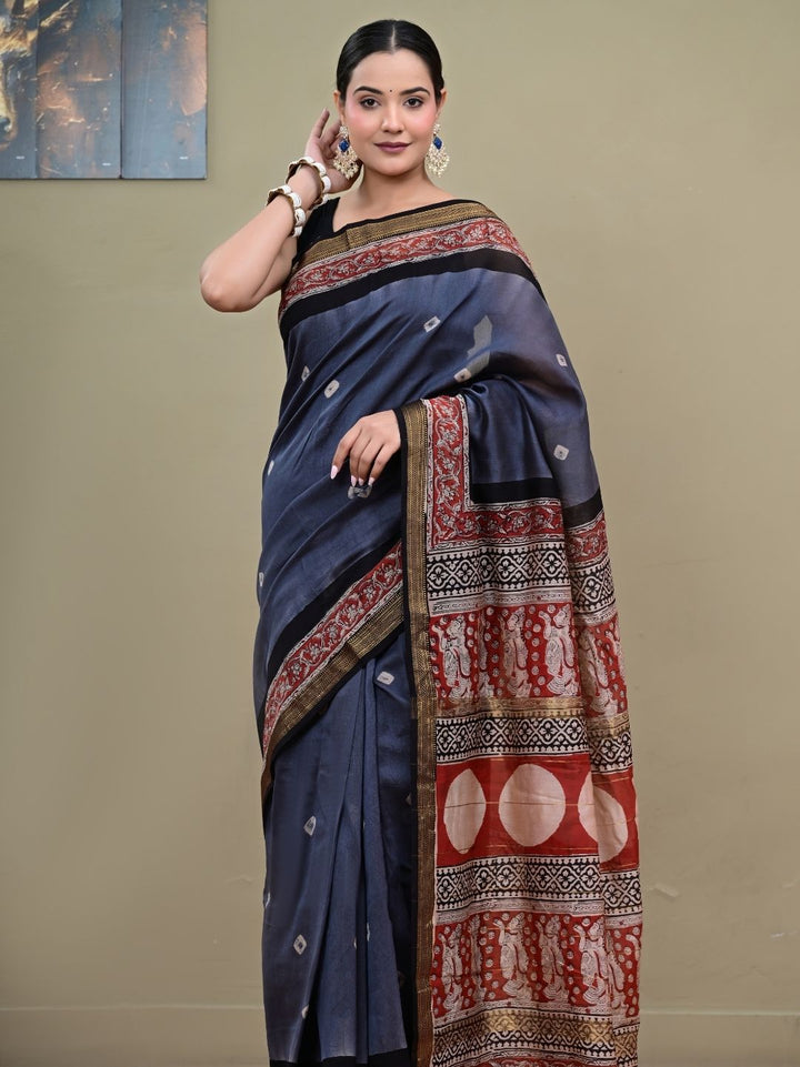 Bagru print With Bandhej pattern HandBlock Pure Maheshwari Silk Saree
