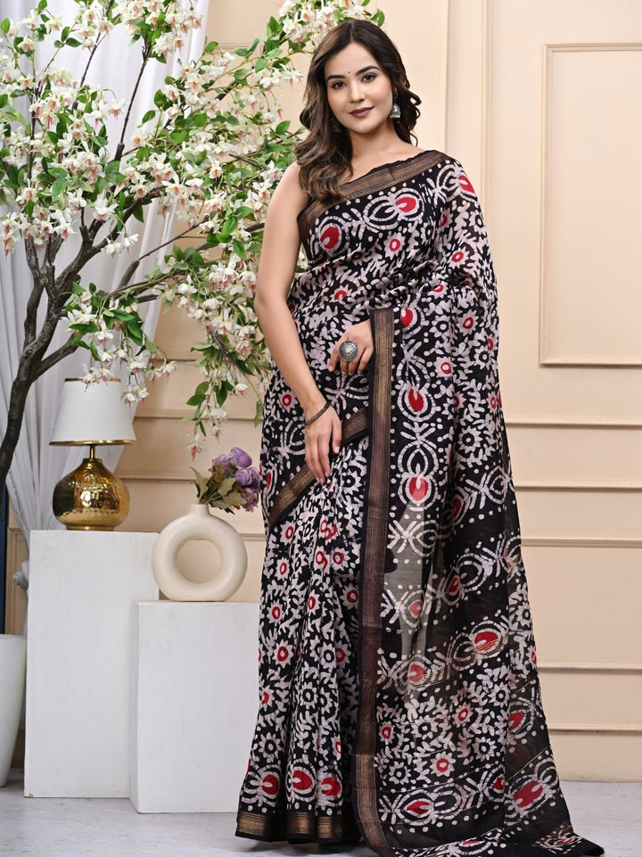 Refined Black Batik Print Maheshwari Silk Saree with Blouse