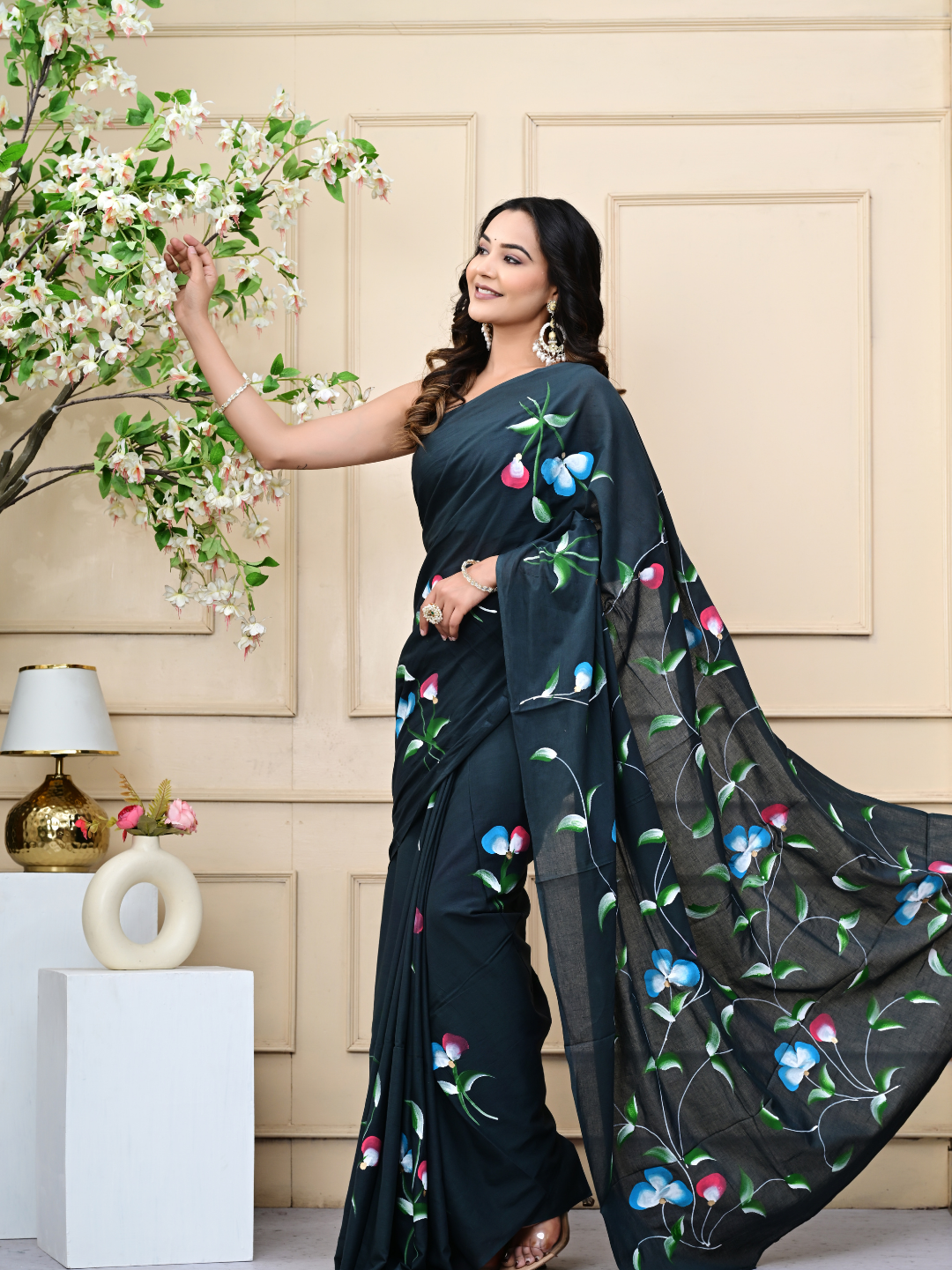Premium Mulmul Cotton Black Brush Print Saree
