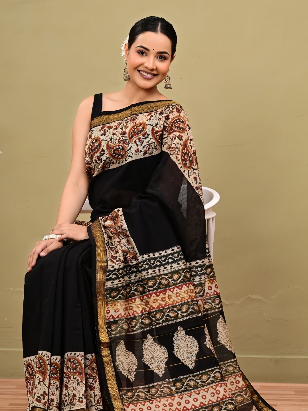 Traditional Bagru HandBlock With Black Putai Pure Kota Doriya Saree