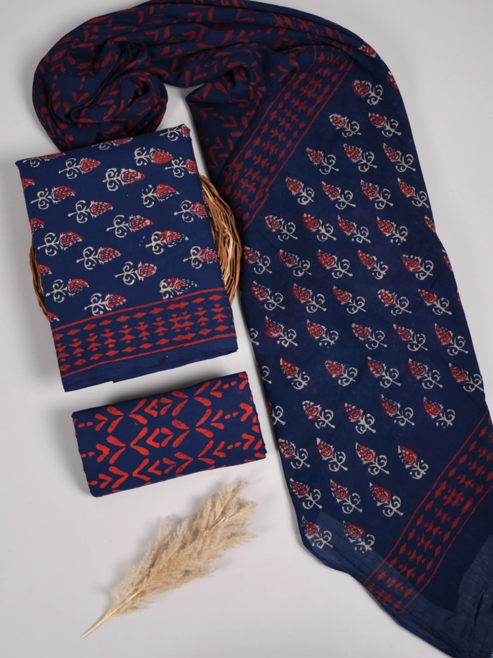 Navy Blue Designer Cotton Suit with Elegant Mulmul Dupatta