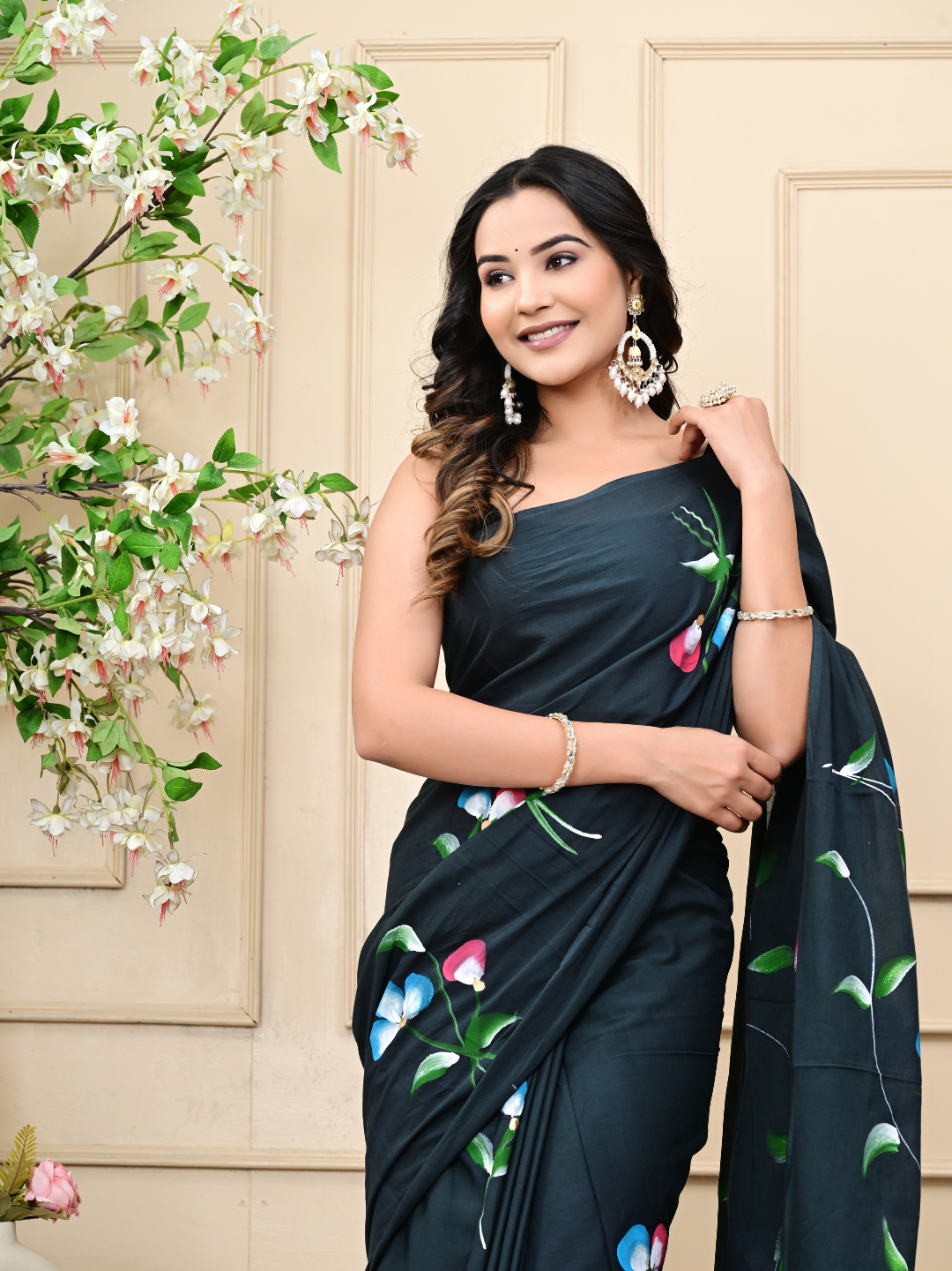 Premium Mulmul Cotton Black Brush Print Saree