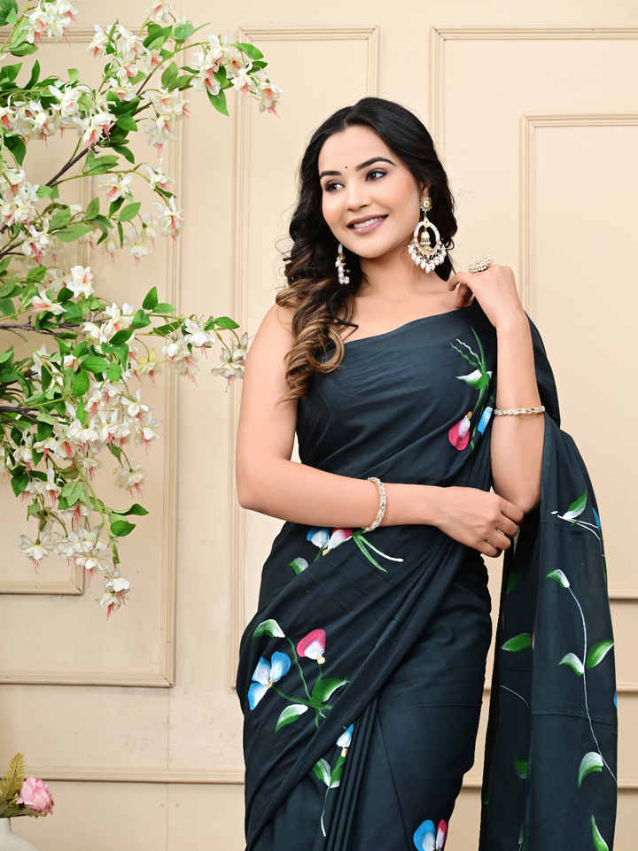 Premium Mulmul Cotton Black Brush Print Saree