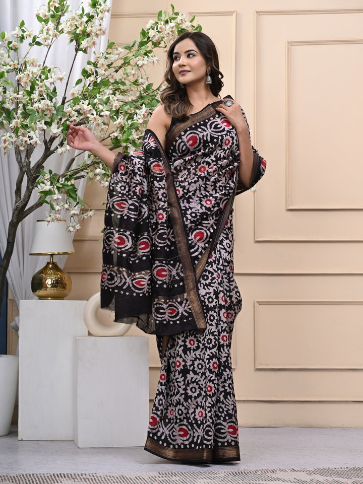 Refined Black Batik Print Maheshwari Silk Saree with Blouse