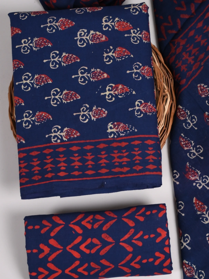 Navy Blue Designer Cotton Suit with Elegant Mulmul Dupatta