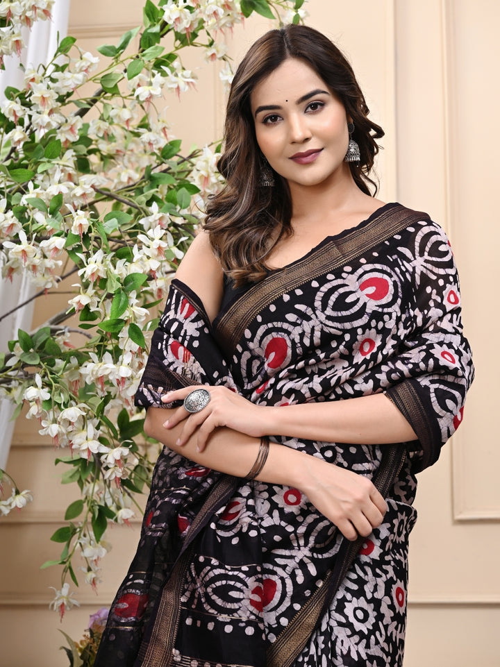 Refined Black Batik Print Maheshwari Silk Saree with Blouse