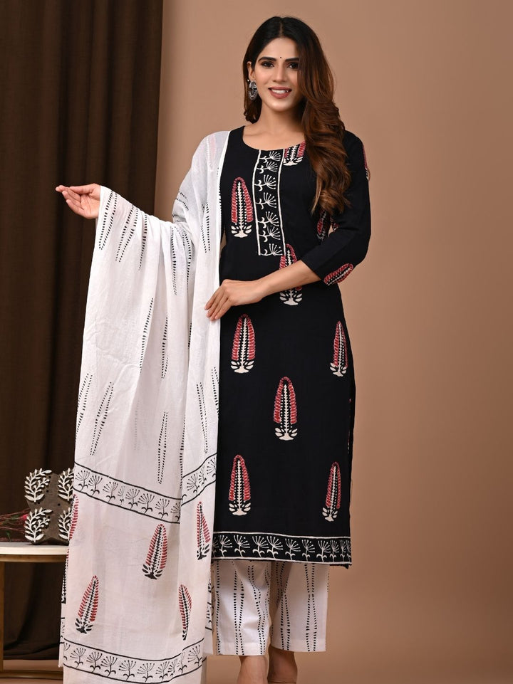 Black & White Handblock Printed Cotton Suit Set