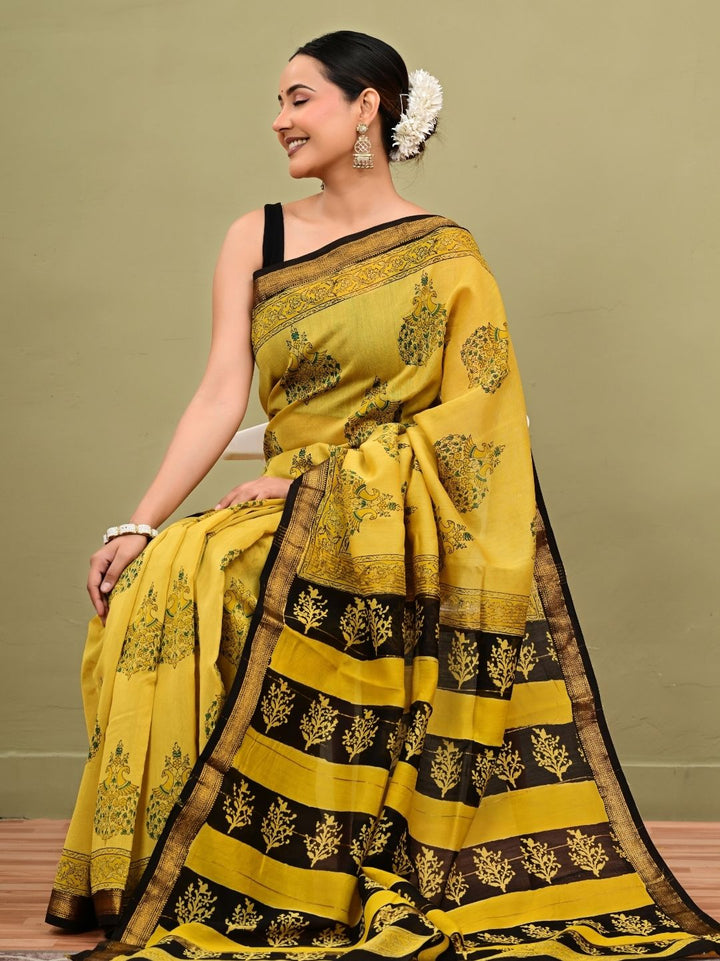 Premium Yellow Bagh Print HandBlock Pure Maheshwari Silk Saree