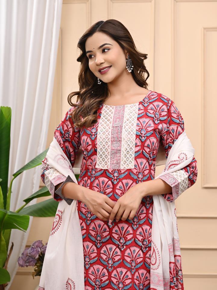 Red Bagru Print Cotton Stitched Suit with Mulmul Dupatta