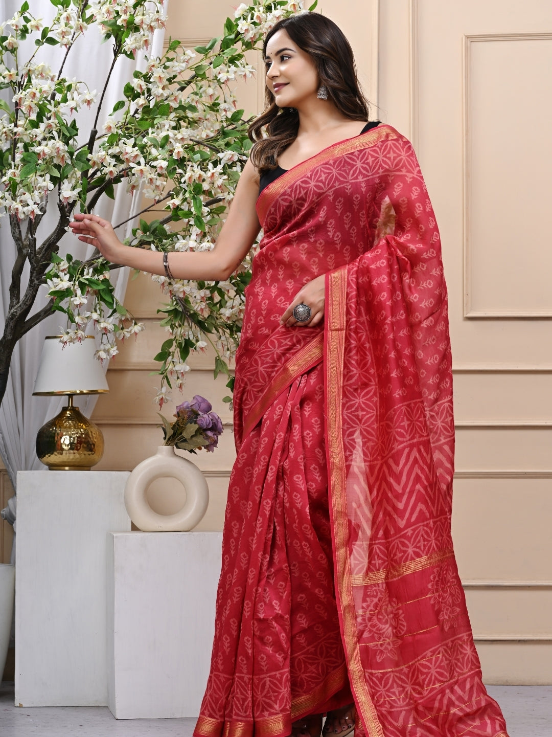 Reddish Pink Handblock Printed Maheshwari Silk Saree with Blouse