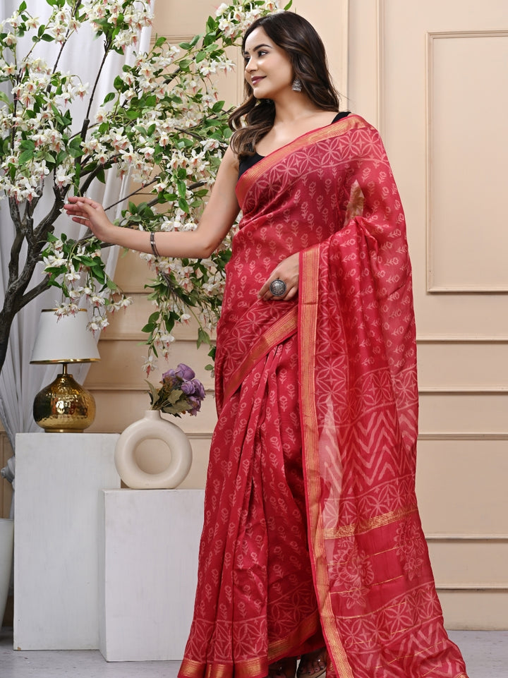 Reddish Pink Handblock Printed Maheshwari Silk Saree with Blouse