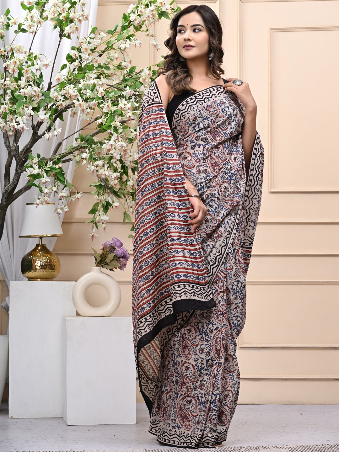 Bagru Kalamkari Handblock Printed Mulmul Cotton Saree