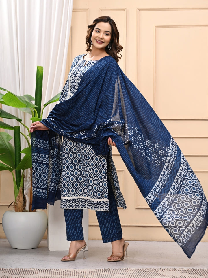 Indigo Bagru Handblock Printed Cotton Suit With Mulmul Dupatta