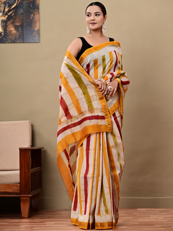 Yellow Batik Maheswari Silk Saree
