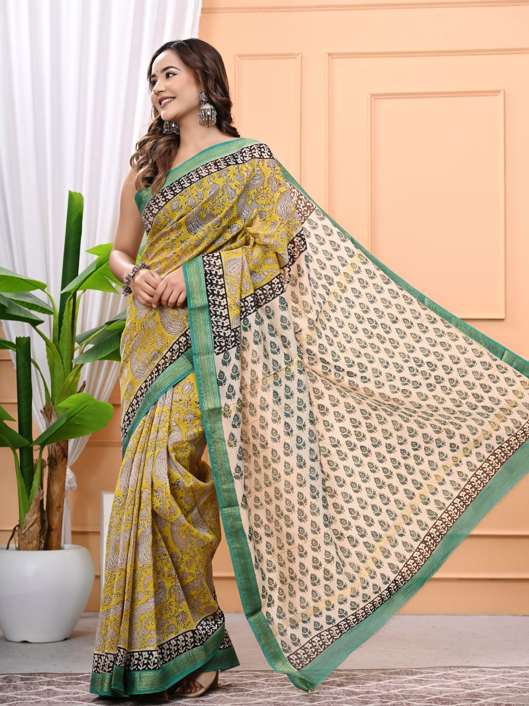 Yellow Green Bagru Block Printed Maheshwari Silk Saree