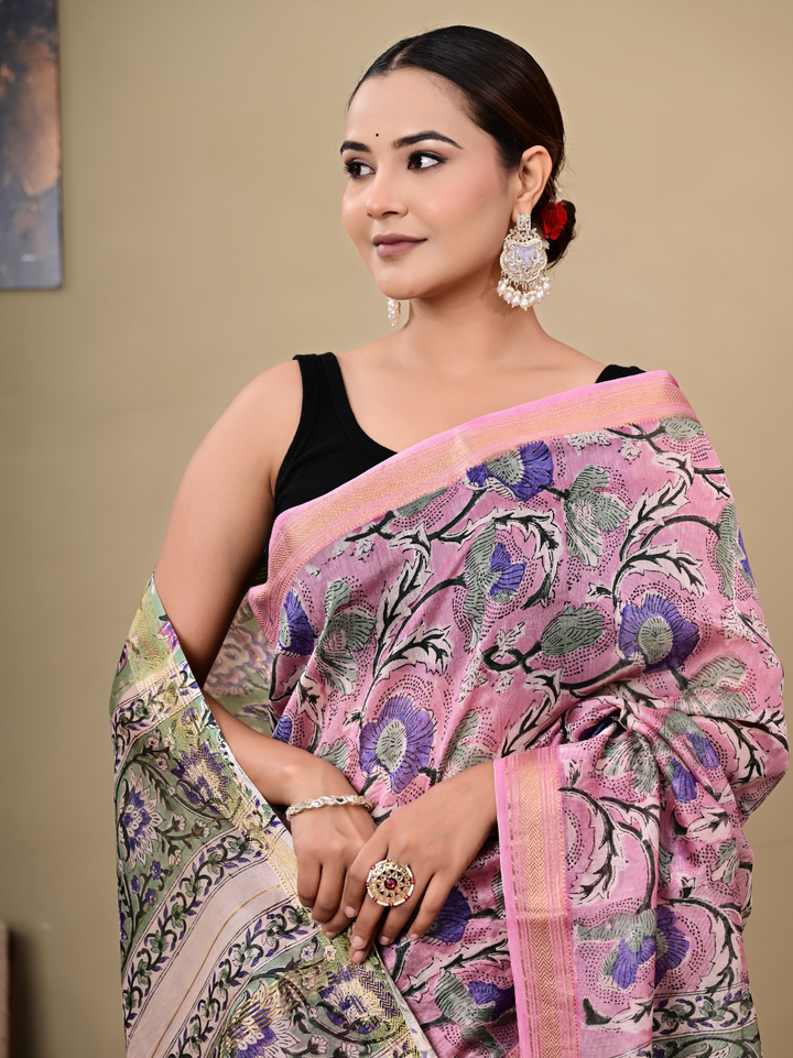 Traditional Pink Jaal Maheshwari Silk Saree