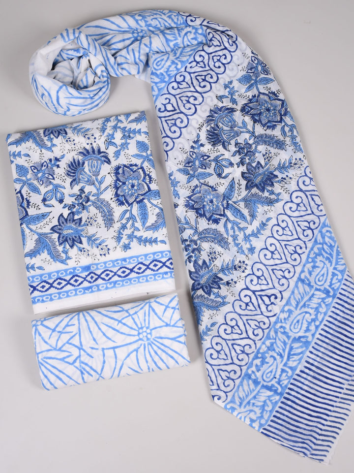 Traditional White Base HandBlock Cotton Suit With Soft Mul Cotton Dupatta