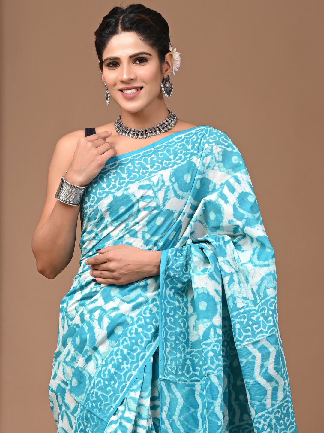 Dabu Handblock Printed C Green Dyed Mulmul Cotton Saree
