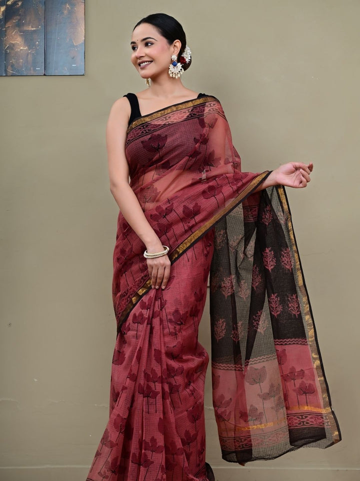 Exquisite HandBlock Print With Dye Pure Kota Doriya Saree