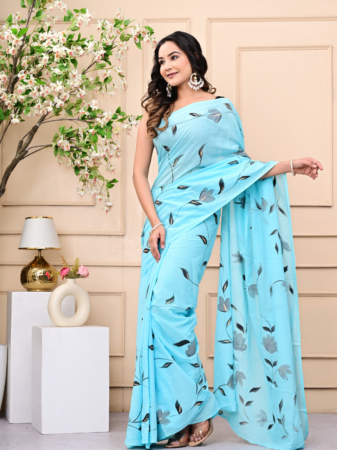 Sky Blue Hand-Brush Print Mulmul Cotton Saree