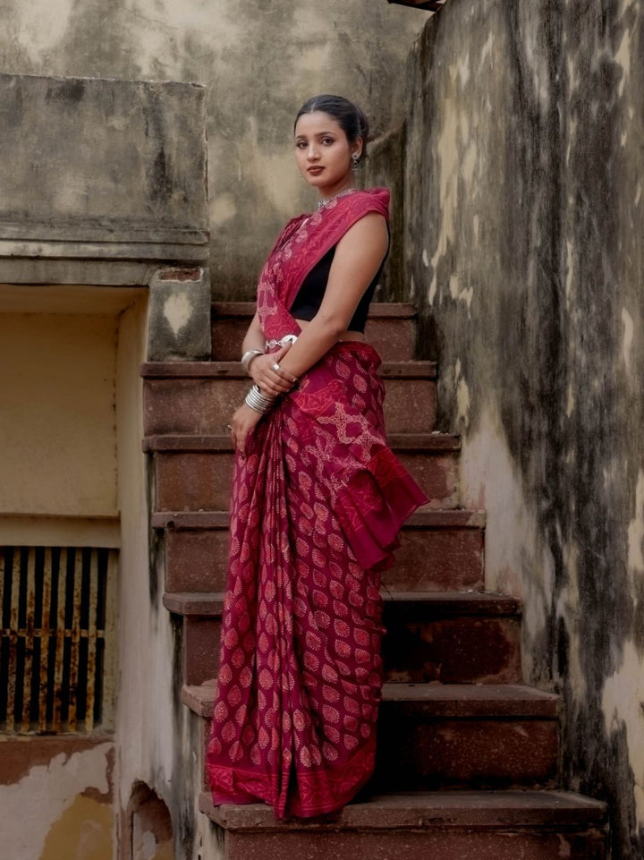Artisanal Saree Neptol Ajrakh HandBlock Printed Pure Mul Cotton Saree