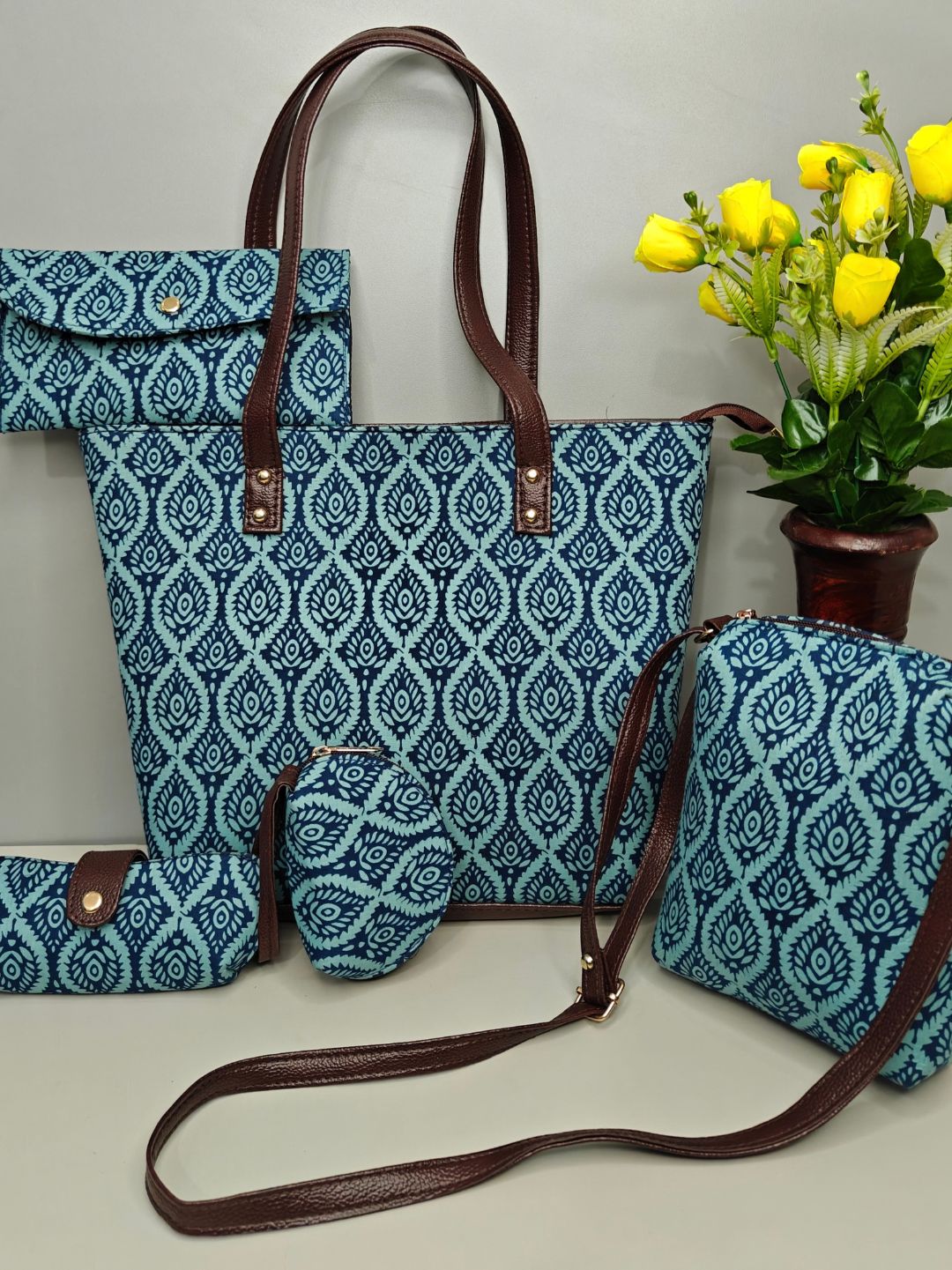 Blue Artisanal Cotton 5-piece Combo Set Hand Bags