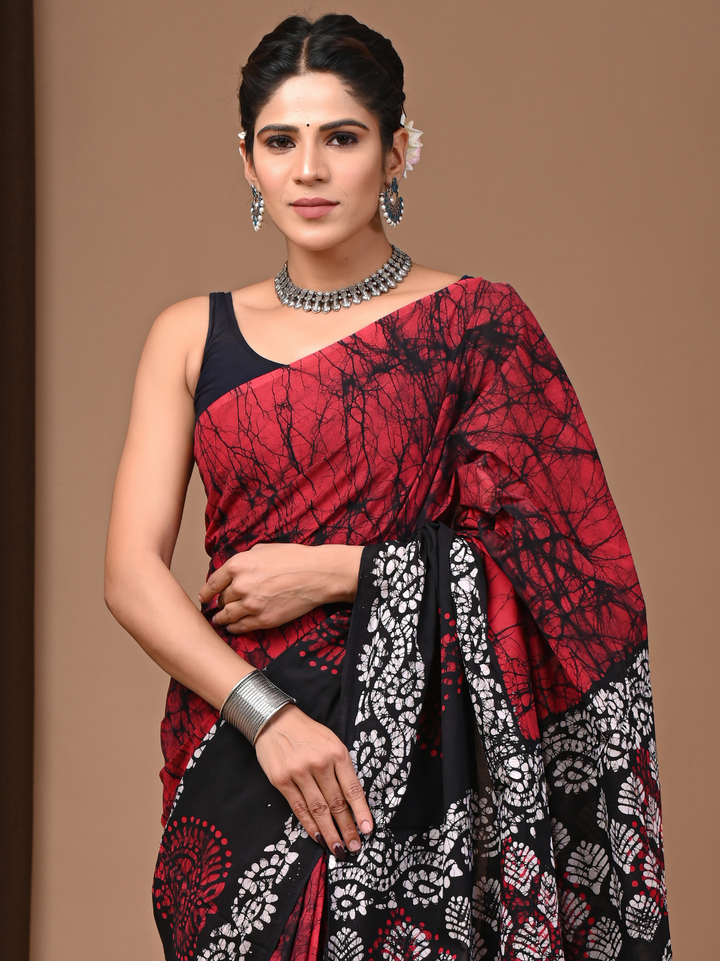 Red & Black Batik Print Mulmul Cotton Saree – Handblock Bagru Print