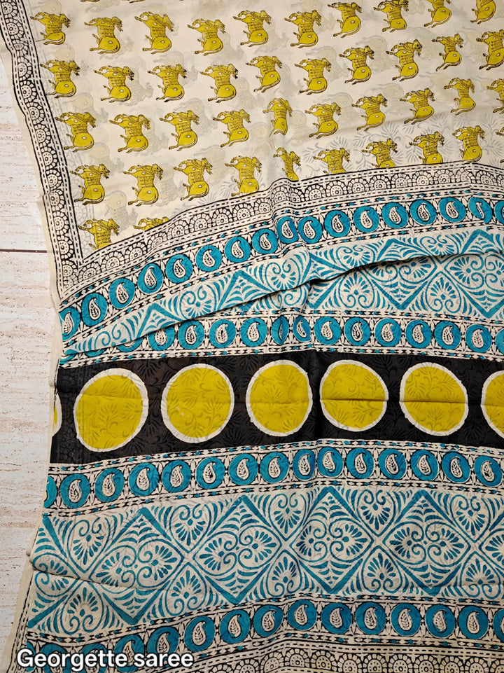 Bull Design Bagru HandBlock Super Georgette Saree