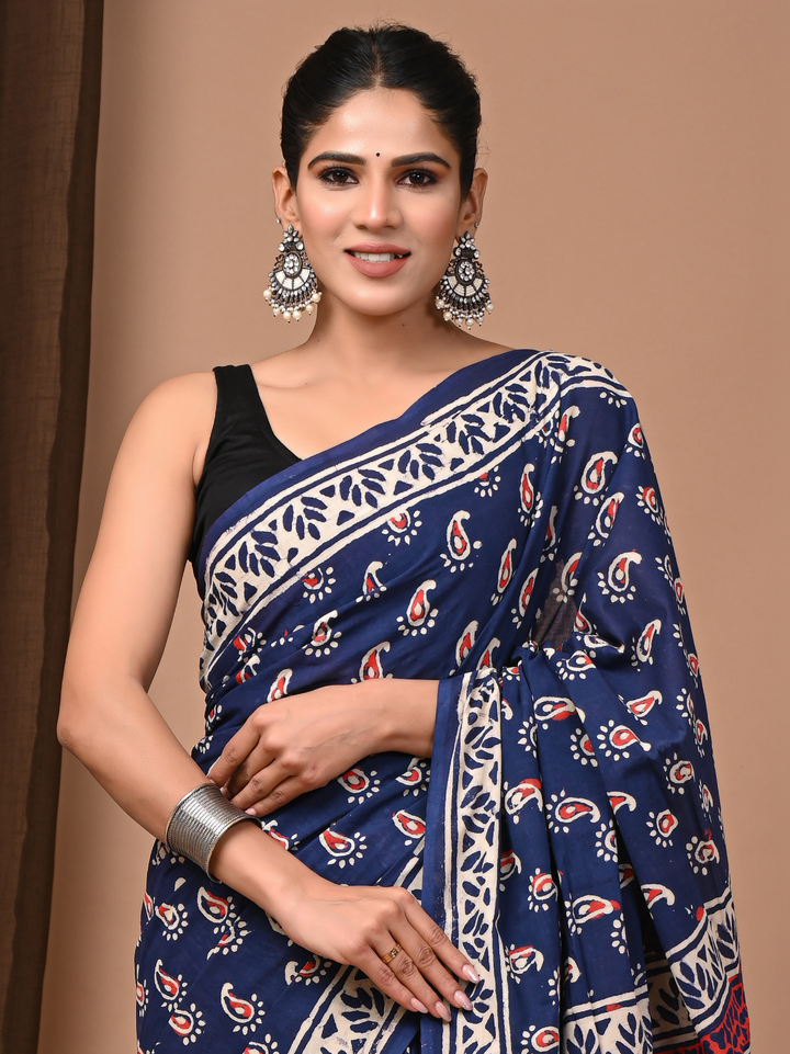Navy Blue Handblock Printed Mulmul Cotton Saree