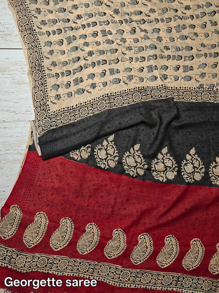 Elegance Bagru HandBlock Super Georgette Saree